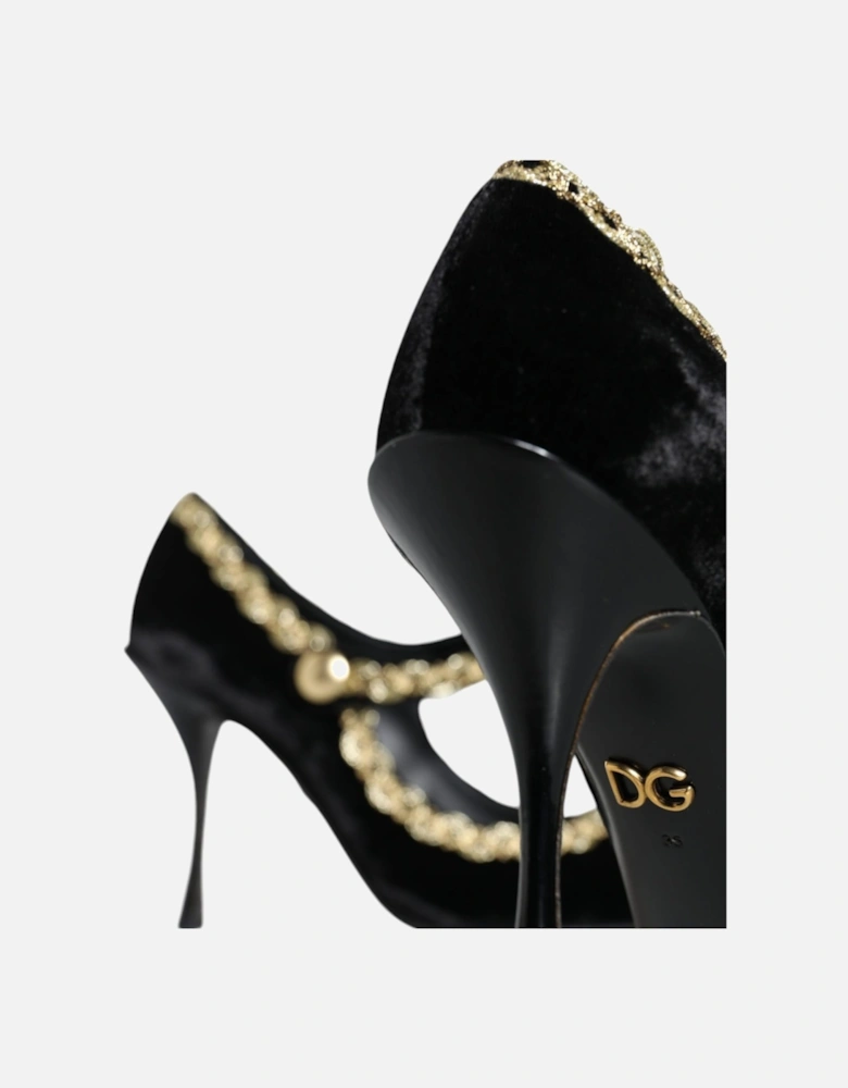 Black Mary Janes Velvet Gold Pumps Shoes Women - Gold Black