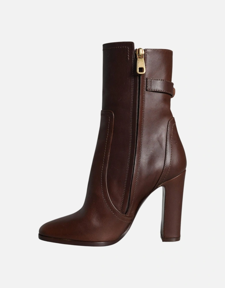 Leather Mid-Calf Boots with Logo Details Women - Brown