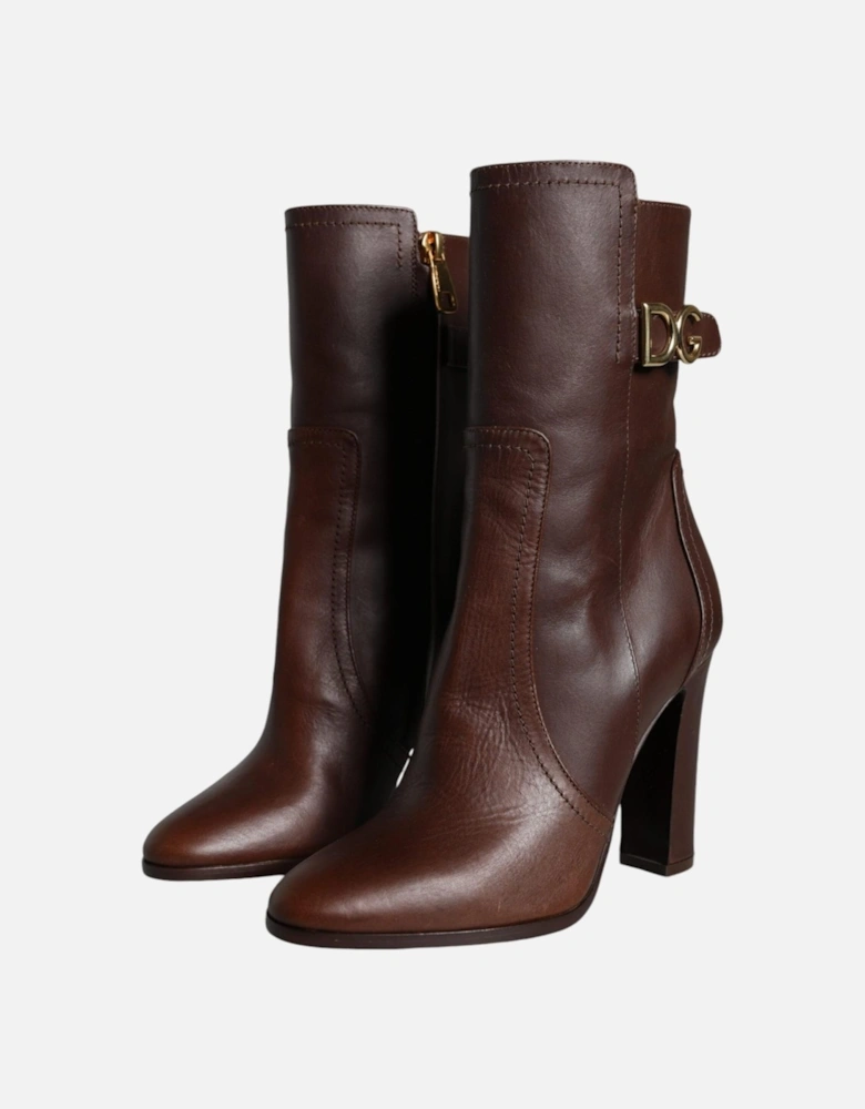 Leather Mid-Calf Boots with Logo Details Women - Brown