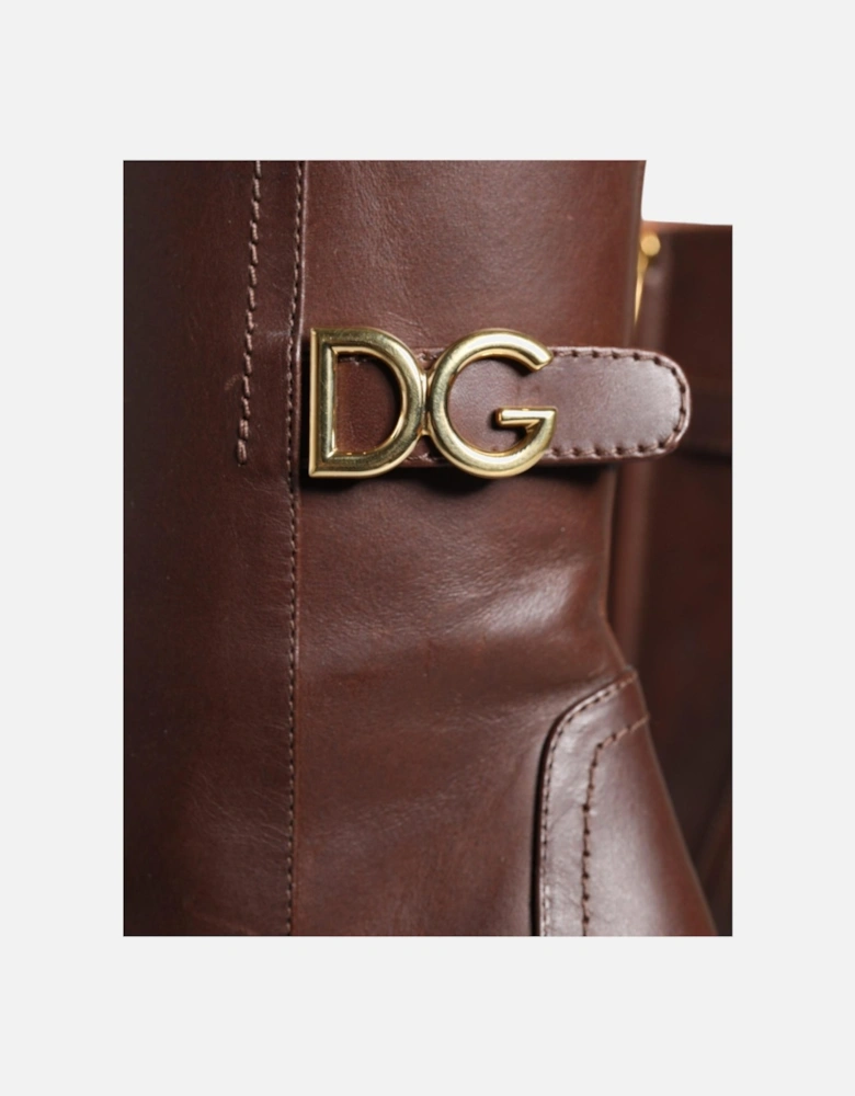 Leather Mid-Calf Boots with Logo Details Women - Brown
