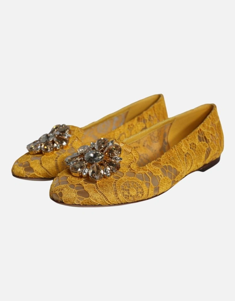 Mustard Lace Crystal Ballet Flats Loafer Shoes Women