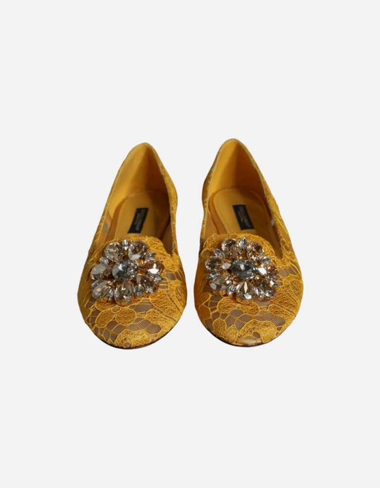 Mustard Lace Crystal Ballet Flats Loafer Shoes Women