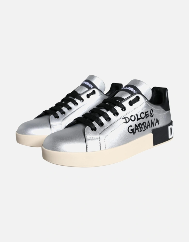 Silver Portofino Calf Leather Sneakers Shoes Women - Black | Silver