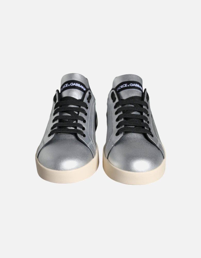 Silver Portofino Calf Leather Sneakers Shoes Women - Black | Silver