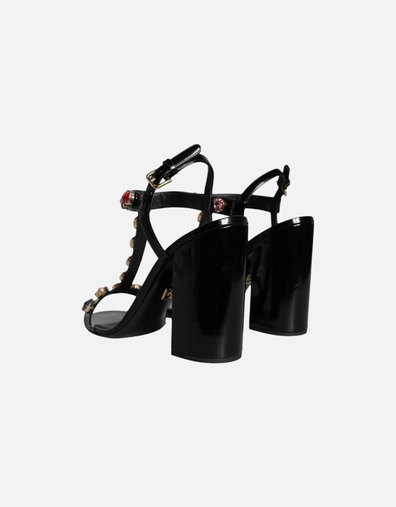 Black Crystal Leather T-strap Sandals Shoes Women