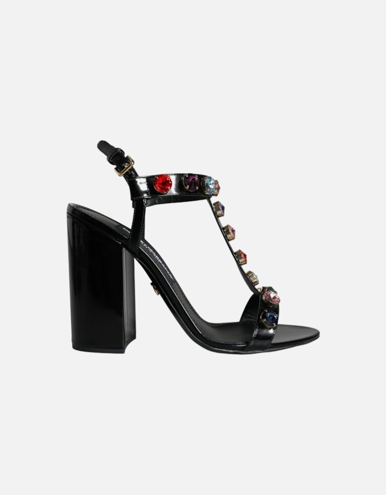 Black Crystal Leather T-strap Sandals Shoes Women