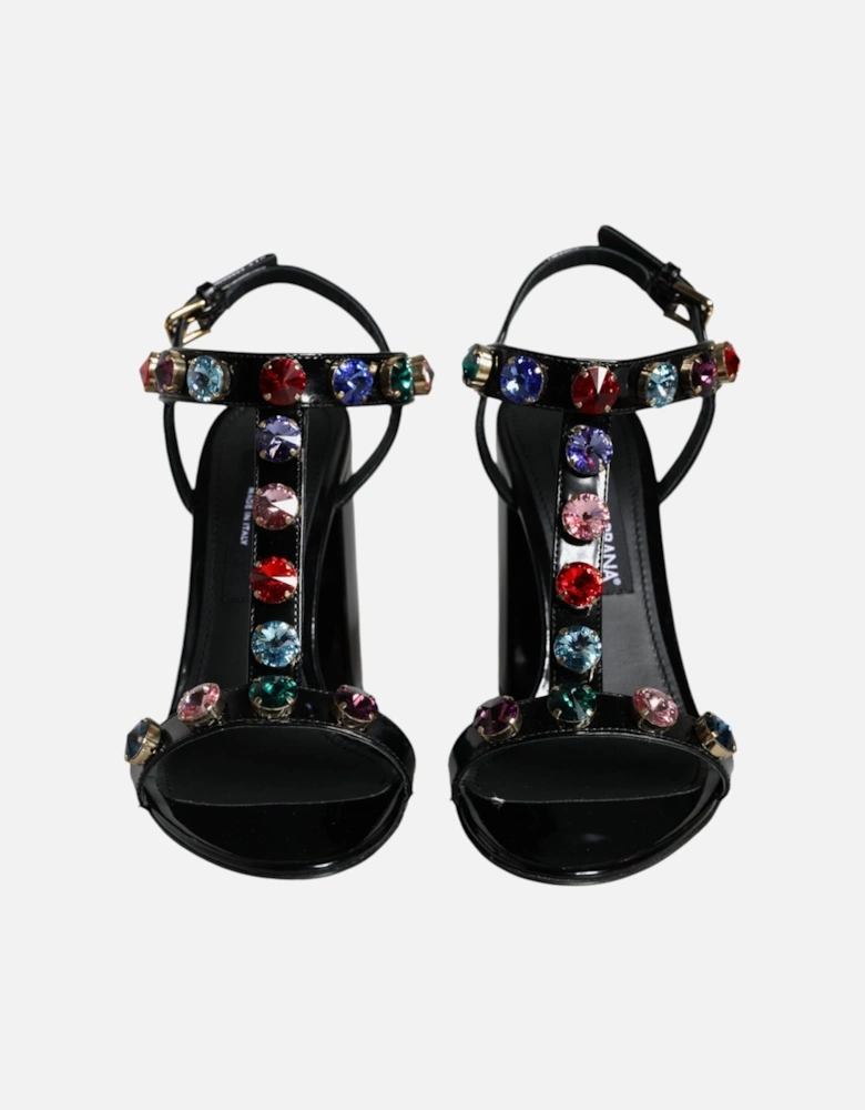 Black Crystal Leather T-strap Sandals Shoes Women