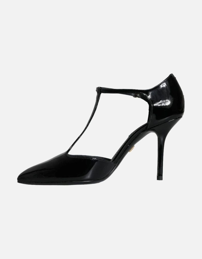 Black Leather T-strap Stiletto High Heels Shoes Women Sandals