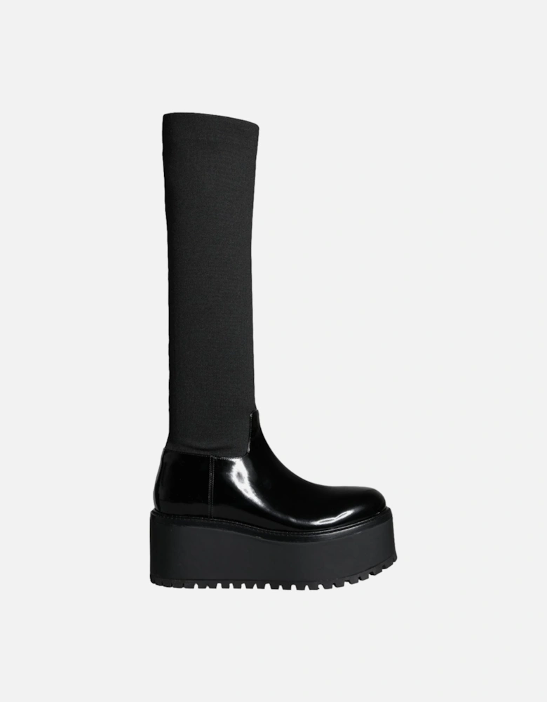 Black Leather Jersey Knee High Boots Shoes Women