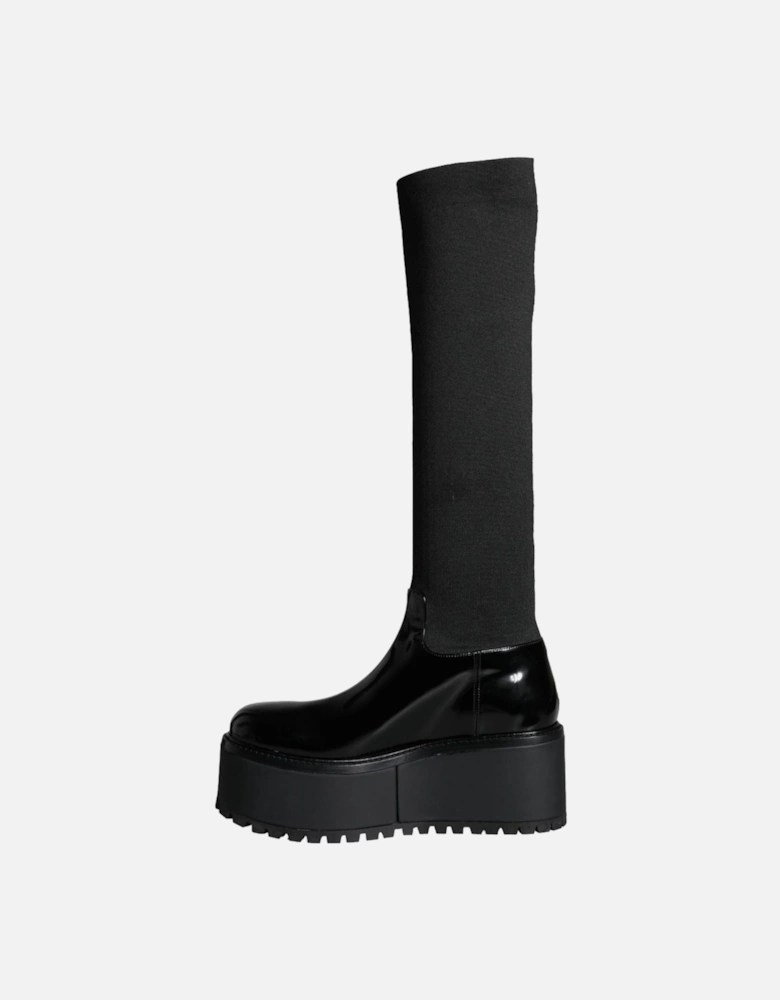 Black Leather Jersey Knee High Boots Shoes Women