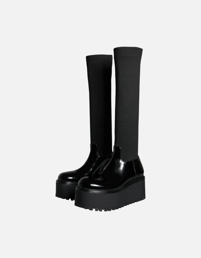 Black Leather Jersey Knee High Boots Shoes Women