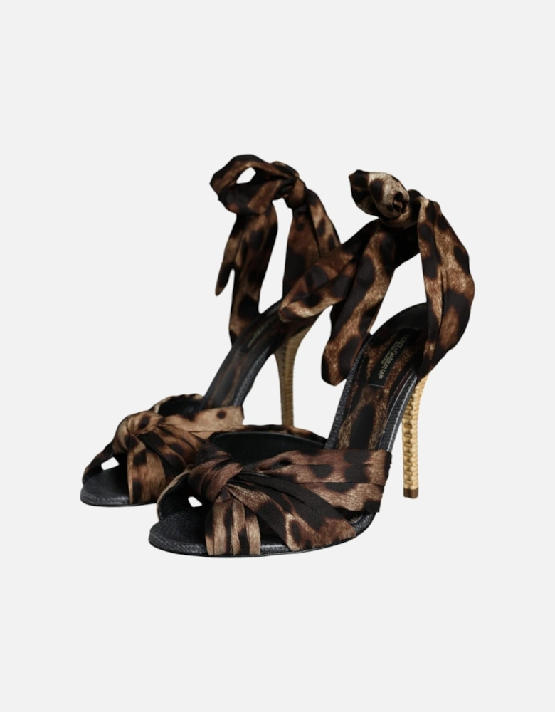 Ankle Strap Silk Sandals with Animal Print Women - Brown Pumps