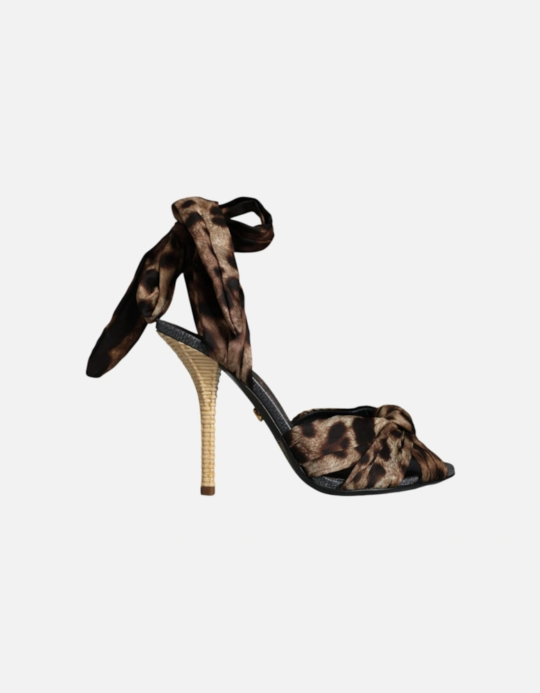 Ankle Strap Silk Sandals with Animal Print Women - Brown Pumps