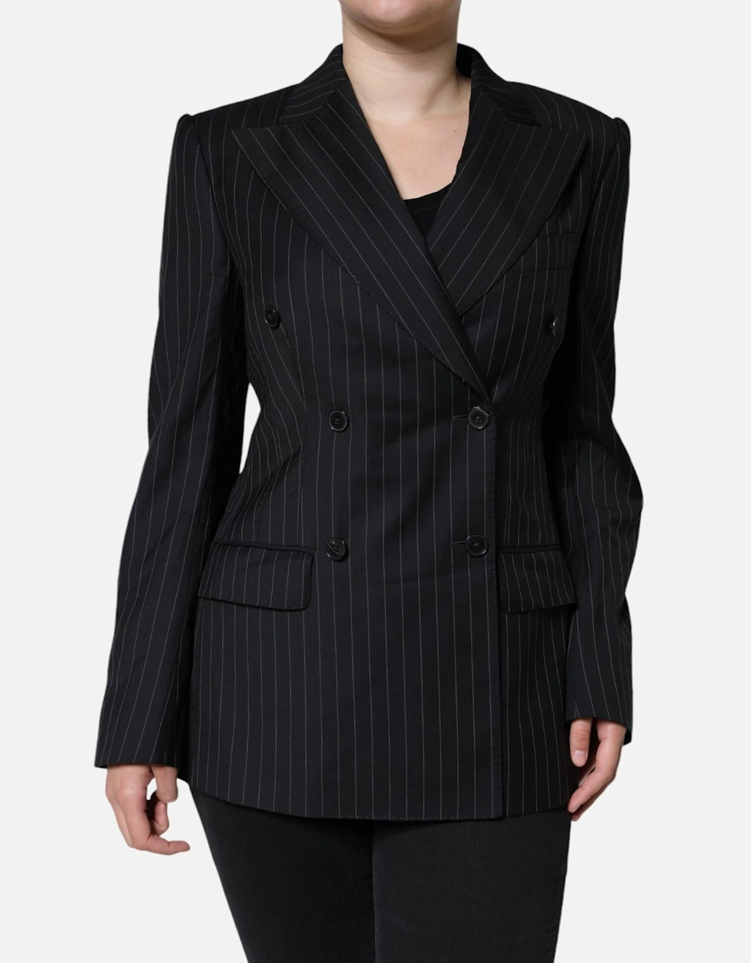 Striped Double-Breasted Virgin Wool Blazer Women - Black Suits, 6 of 5