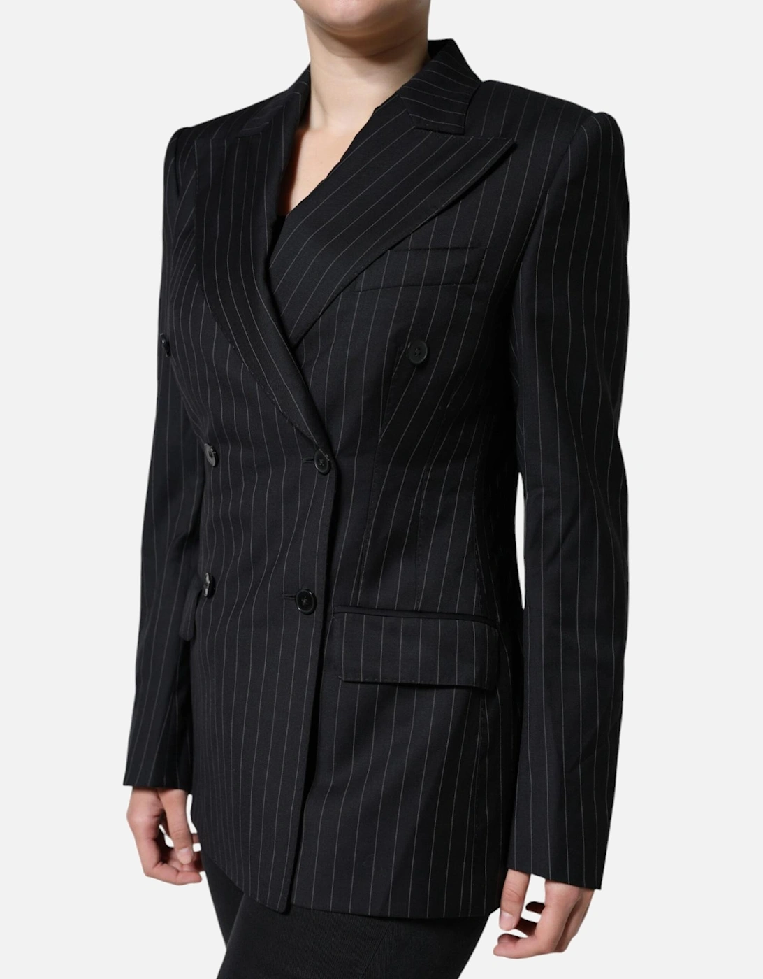 Striped Double-Breasted Virgin Wool Blazer Women - Black Suits