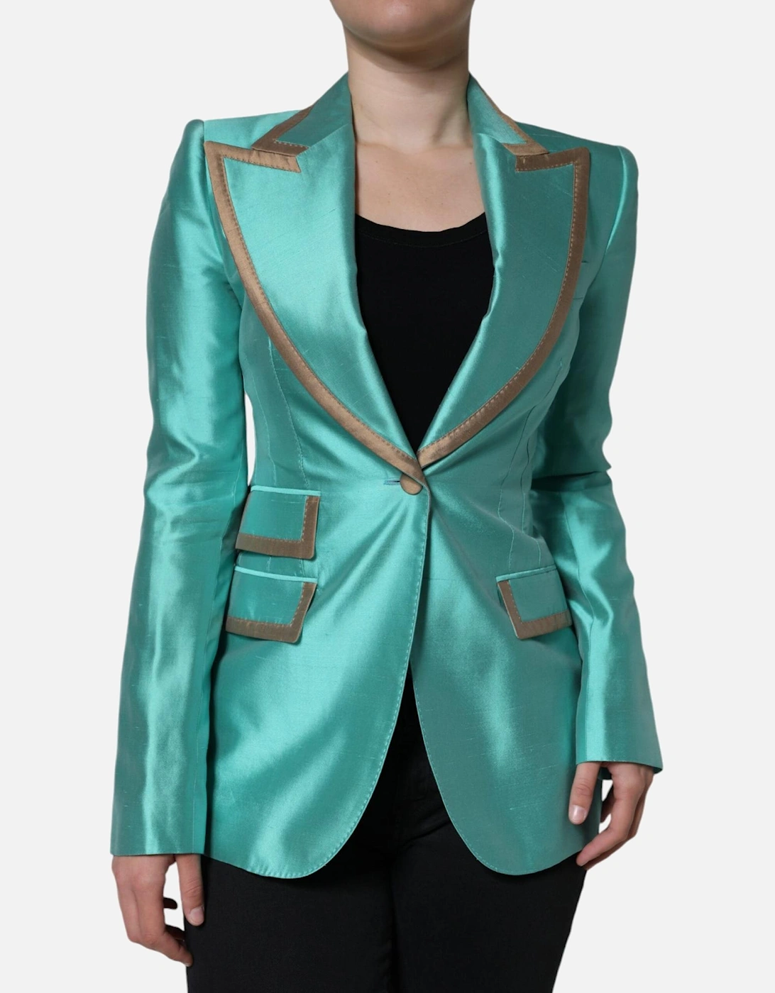 Single Breasted Silk Blazer with Peak Lapels Women - Green Suits, 6 of 5