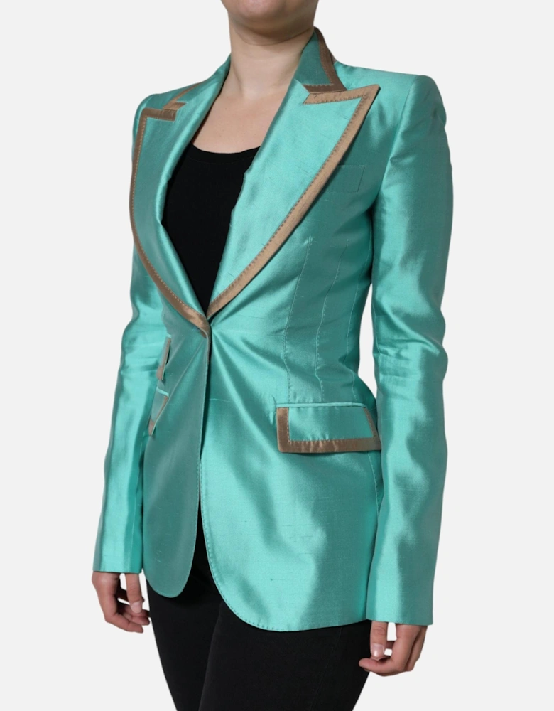 Single Breasted Silk Blazer with Peak Lapels Women - Green Suits