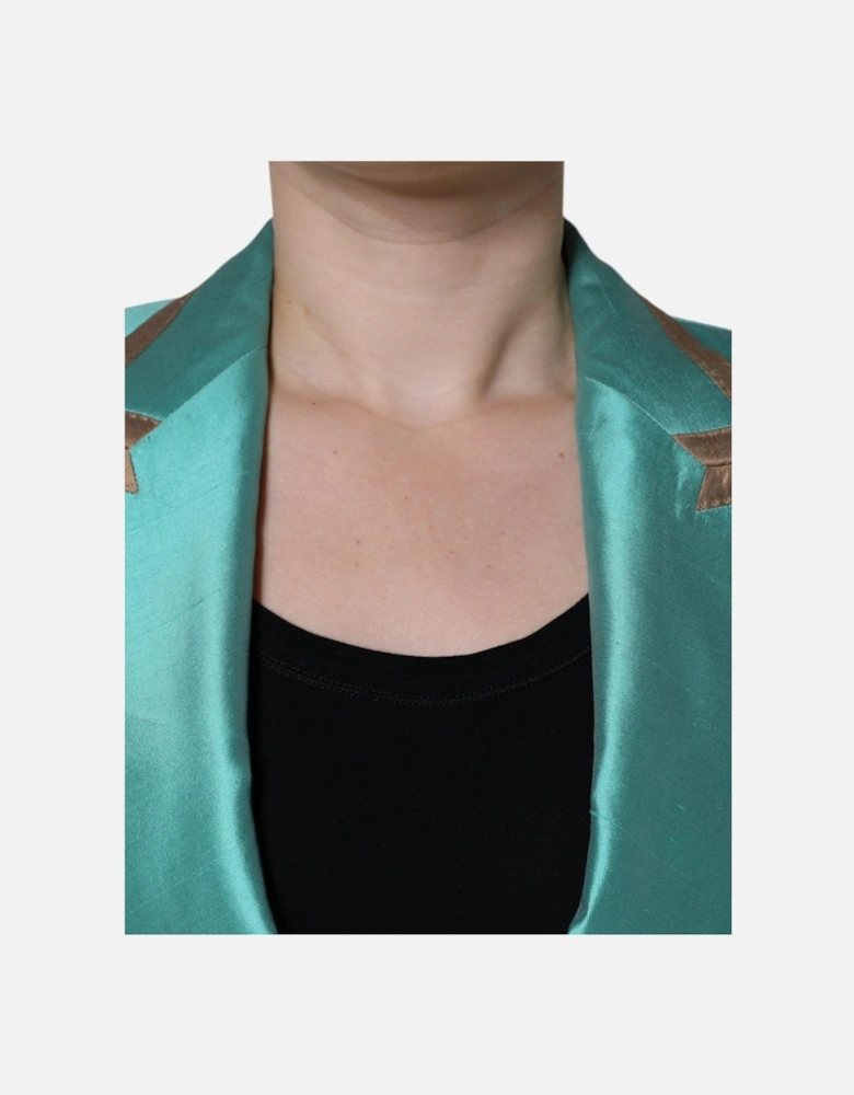 Single Breasted Silk Blazer with Peak Lapels Women - Green Suits