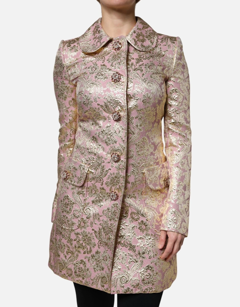 Fitted-Waist Jacquard Coat with Bejeweled Buttons Women - Gold And
