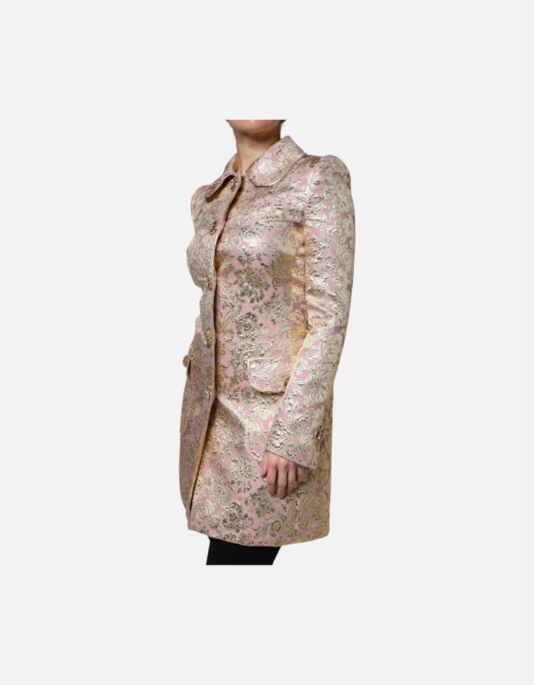 Fitted-Waist Jacquard Coat with Bejeweled Buttons Women - Gold And