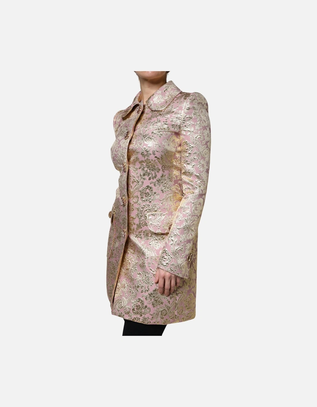 Fitted-Waist Jacquard Coat with Bejeweled Buttons Women - Gold And
