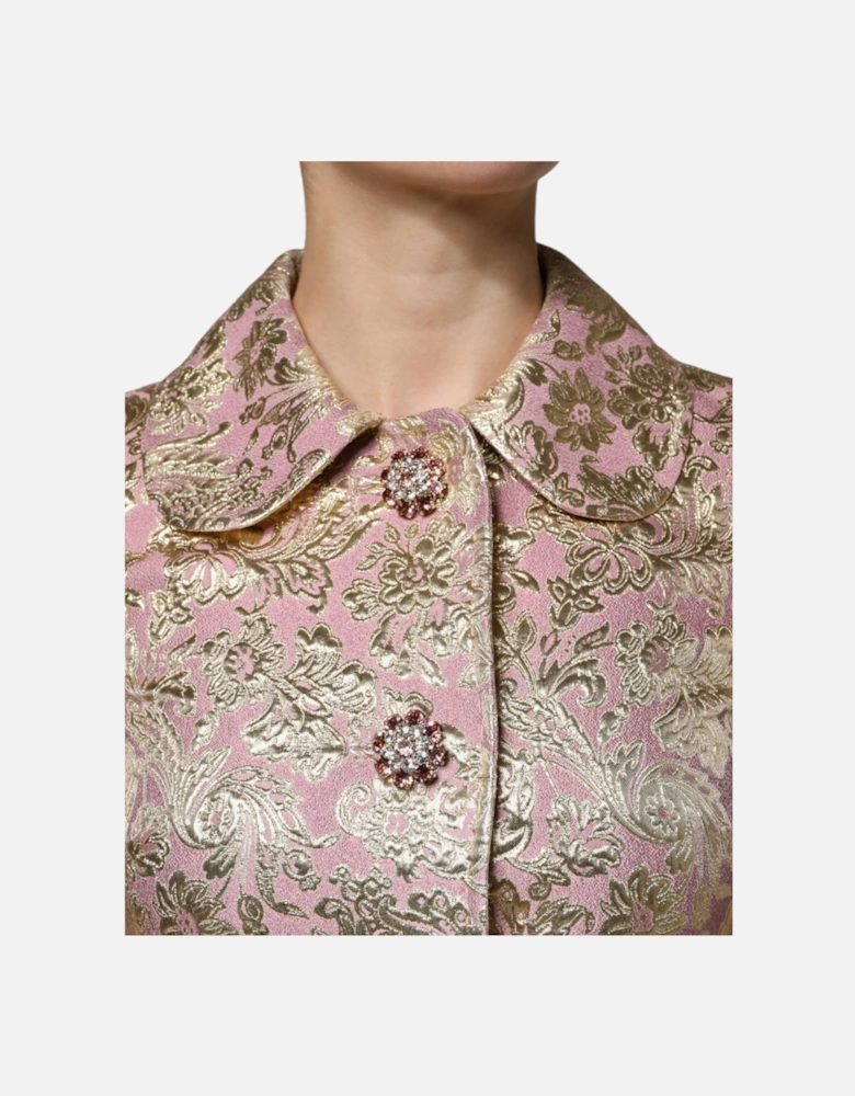 Fitted-Waist Jacquard Coat with Bejeweled Buttons Women - Gold And
