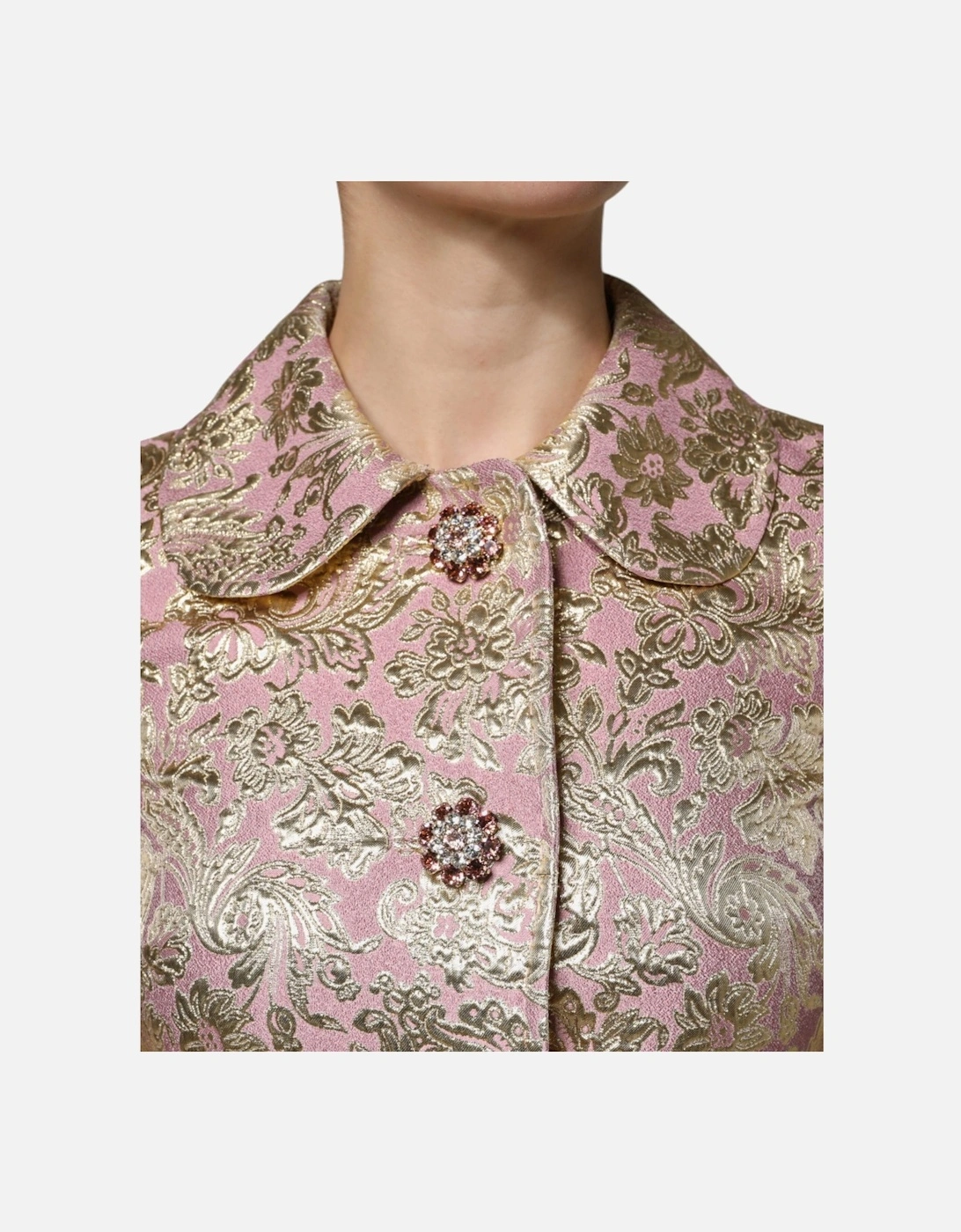 Fitted-Waist Jacquard Coat with Bejeweled Buttons Women - Gold And