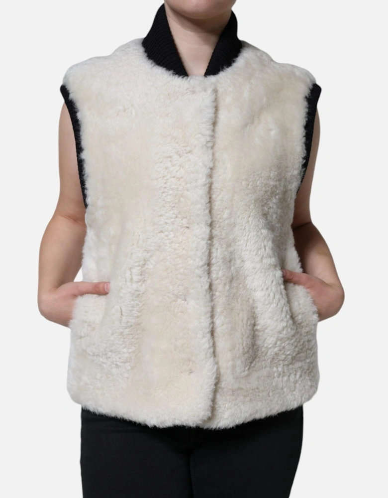Shearling Vest Jacket with Logo Details Women - White Jackets