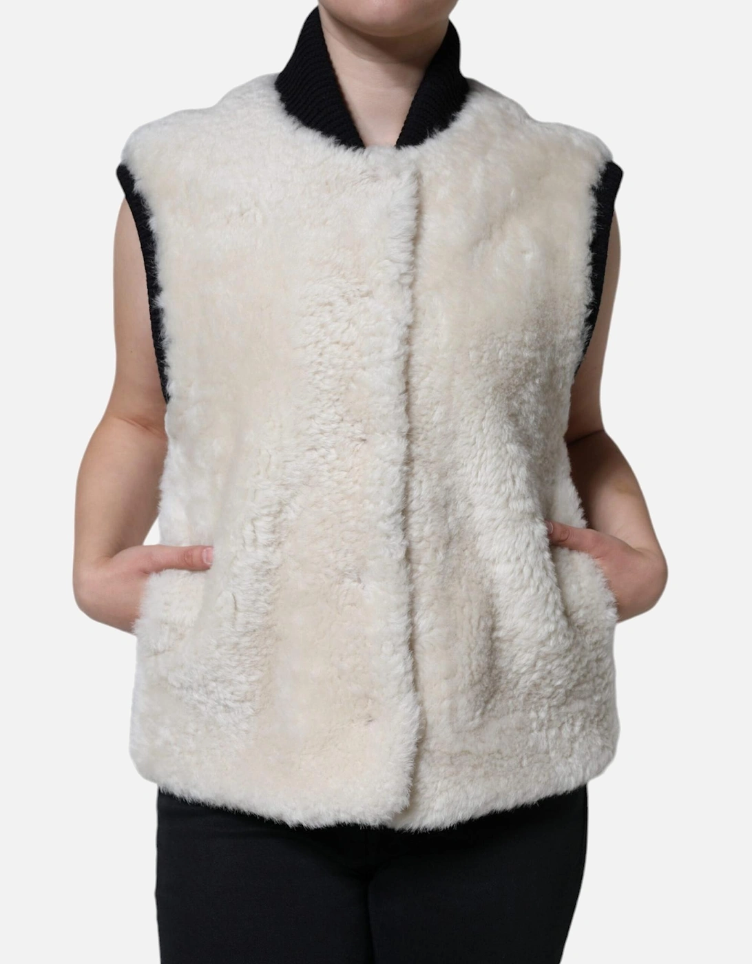 Shearling Vest Jacket with Logo Details Women - White Jackets, 5 of 4