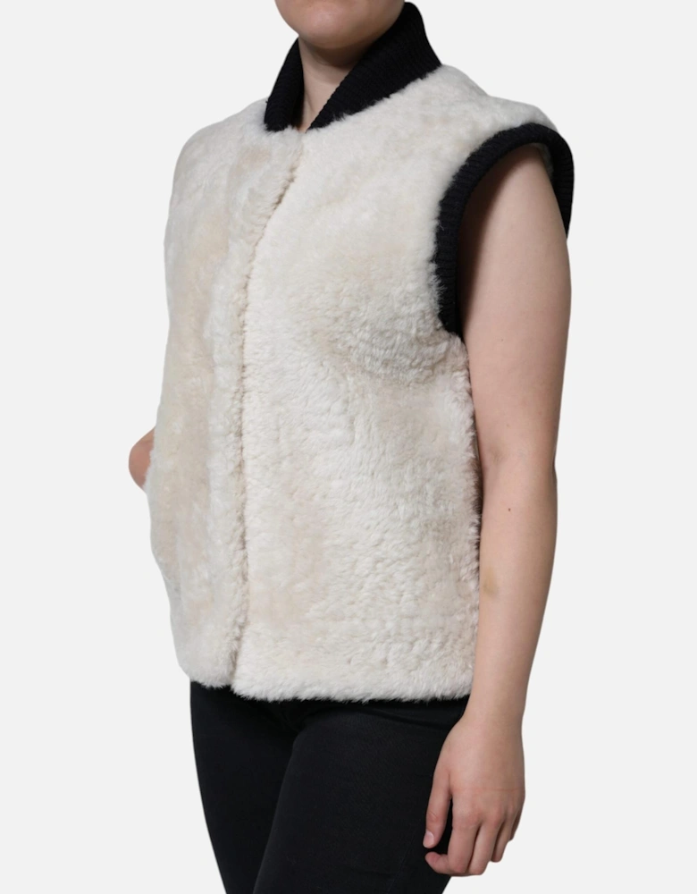 Shearling Vest Jacket with Logo Details Women - White Jackets