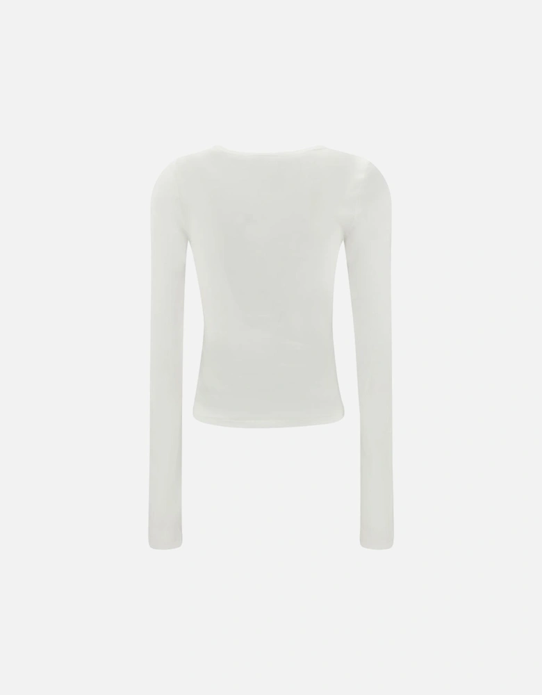 Cotton Long-Sleeve Ribbed Crew Neck Top Women - White T-Shirts
