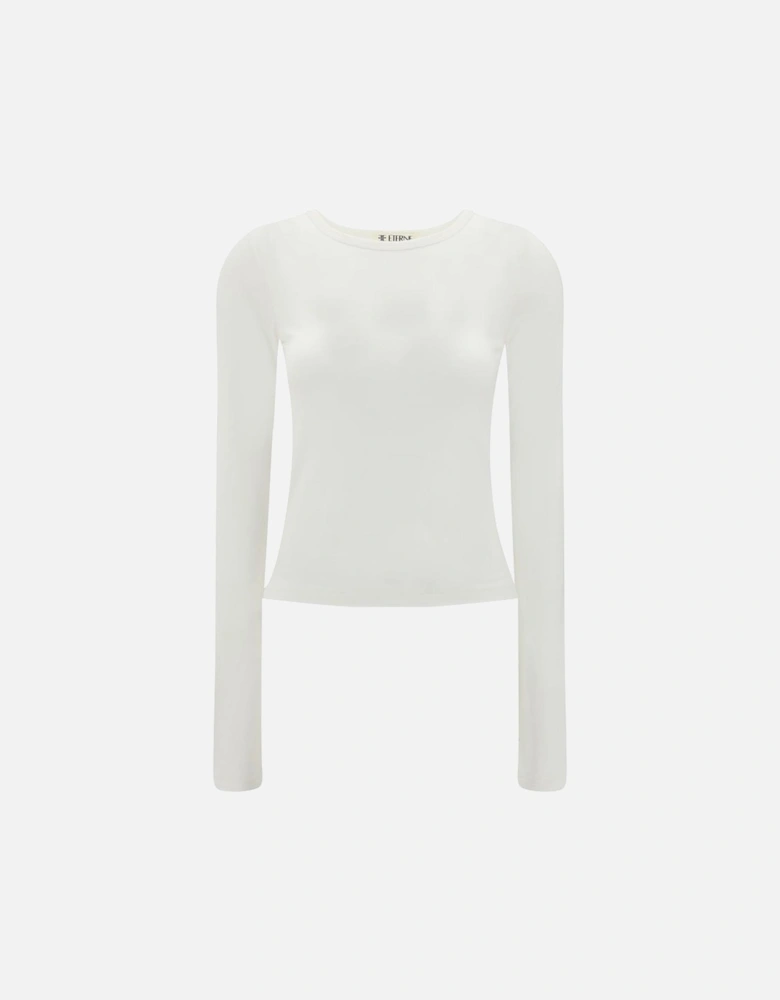 Cotton Long-Sleeve Ribbed Crew Neck Top Women - White T-Shirts