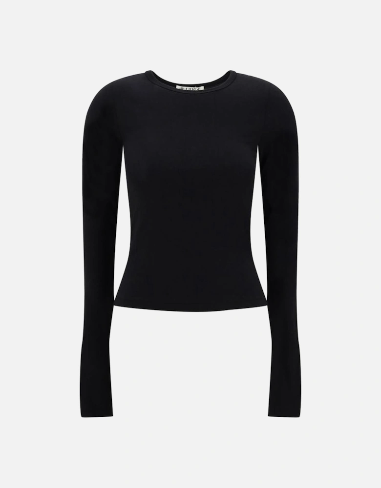 Cotton Long-Sleeve Ribbed Crew Neck Top Women - Black T-Shirts