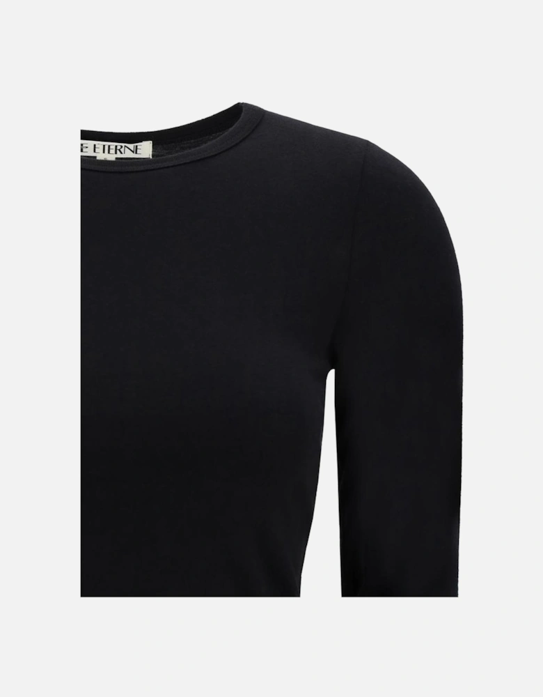 Cotton Long-Sleeve Ribbed Crew Neck Top Women - Black T-Shirts
