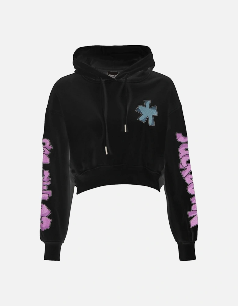 Short Cotton Hoodie with Logo Embroidery Women - Black Sweaters
