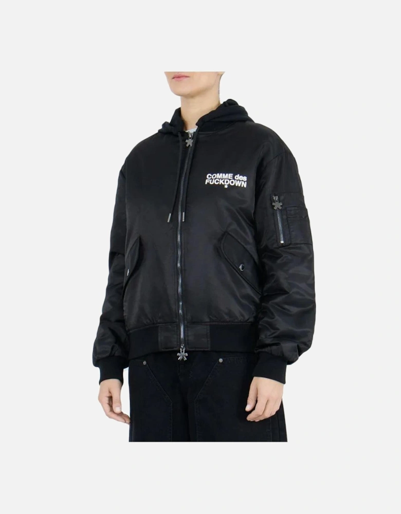 Nylon Bomber Jacket with Cotton Hood and Logo Women - Black Jackets