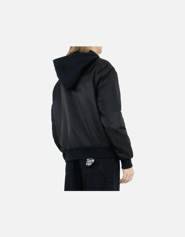 Nylon Bomber Jacket with Cotton Hood and Logo Women - Black Jackets