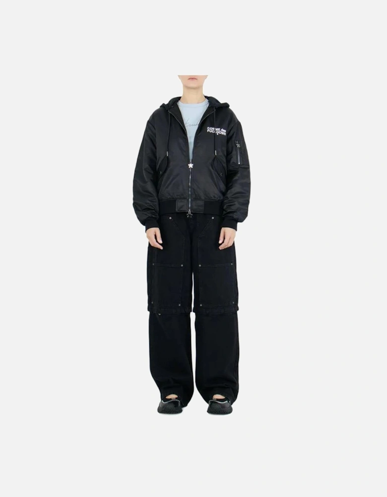 Nylon Bomber Jacket with Cotton Hood and Logo Women - Black Jackets