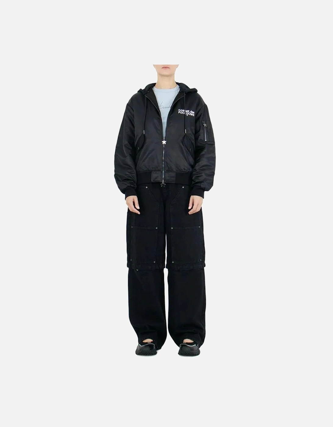 Nylon Bomber Jacket with Cotton Hood and Logo Women - Black Jackets