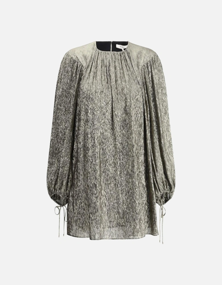 Silk Lame Mini Dress with Puff Sleeves Women - Gold Shirts