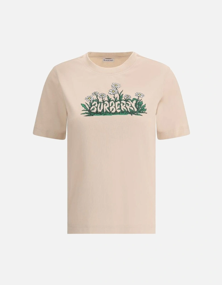 Monogram Print Cotton T-Shirt with Ribbed Crew Neck Women - Beige
