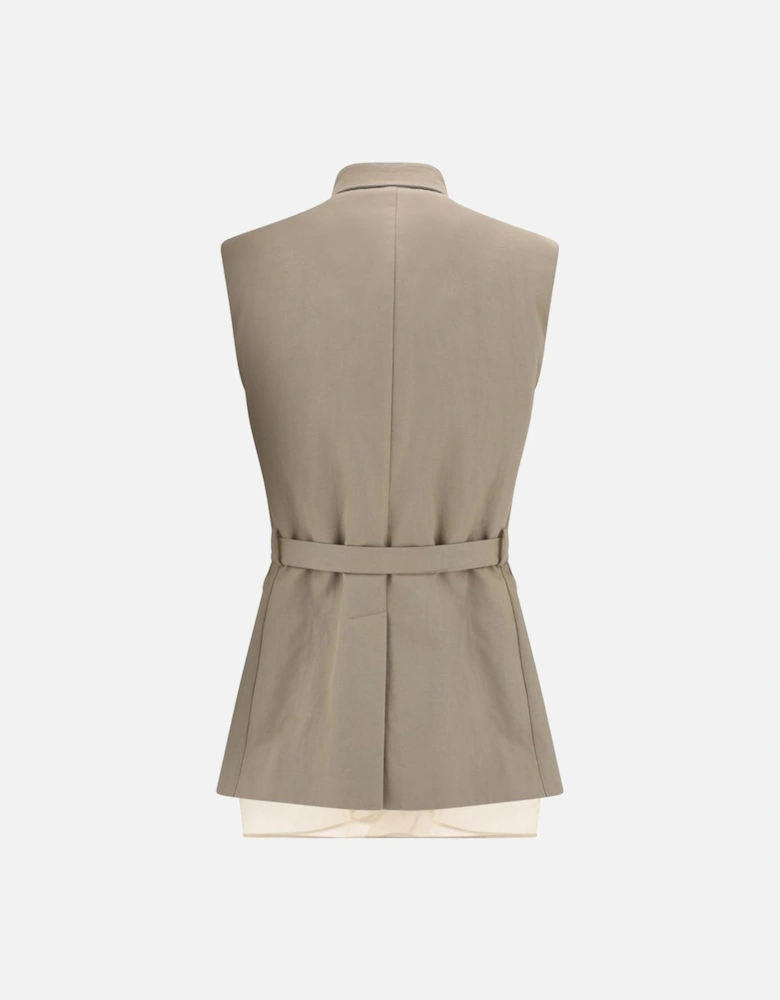 Cotton Gilet with High Collar and Patch Belt Women - Beige Jackets