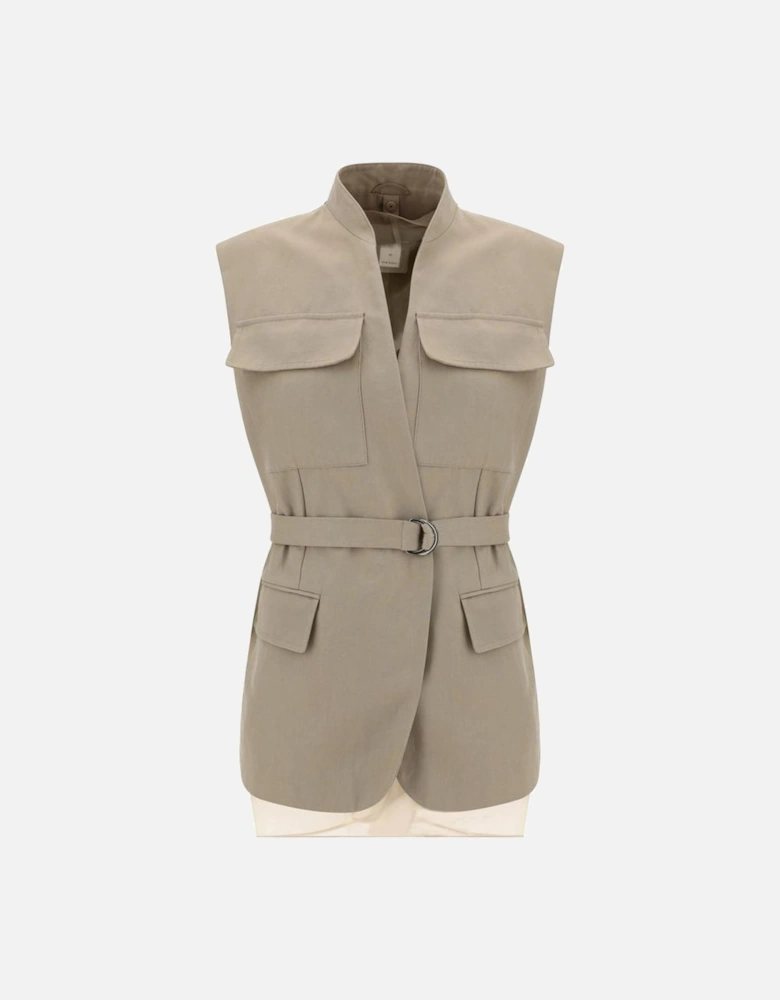 Cotton Gilet with High Collar and Patch Belt Women - Beige Jackets