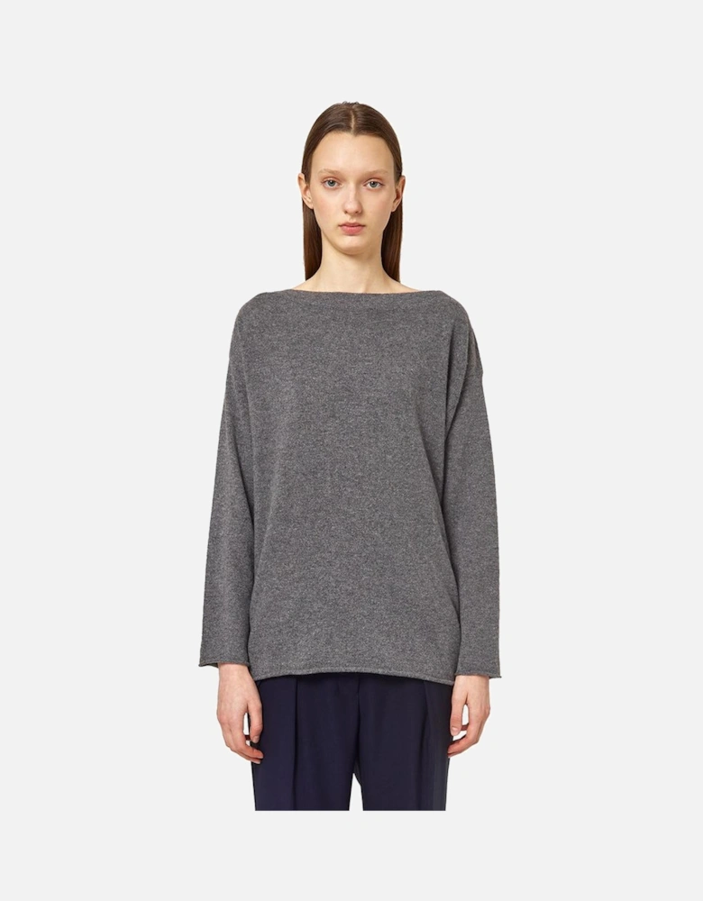 Cashmere Boat Neck Sweater with Gathered Hem Women - Gray