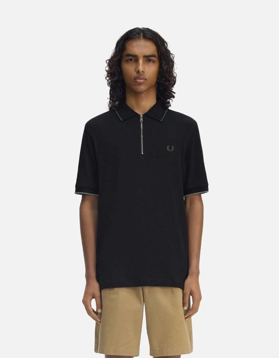 FP Textured Zip Neck Polo Shirt - Black