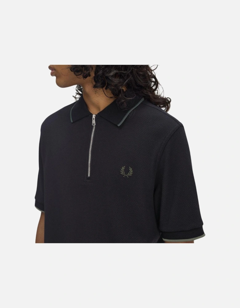 FP Textured Zip Neck Polo Shirt - Black