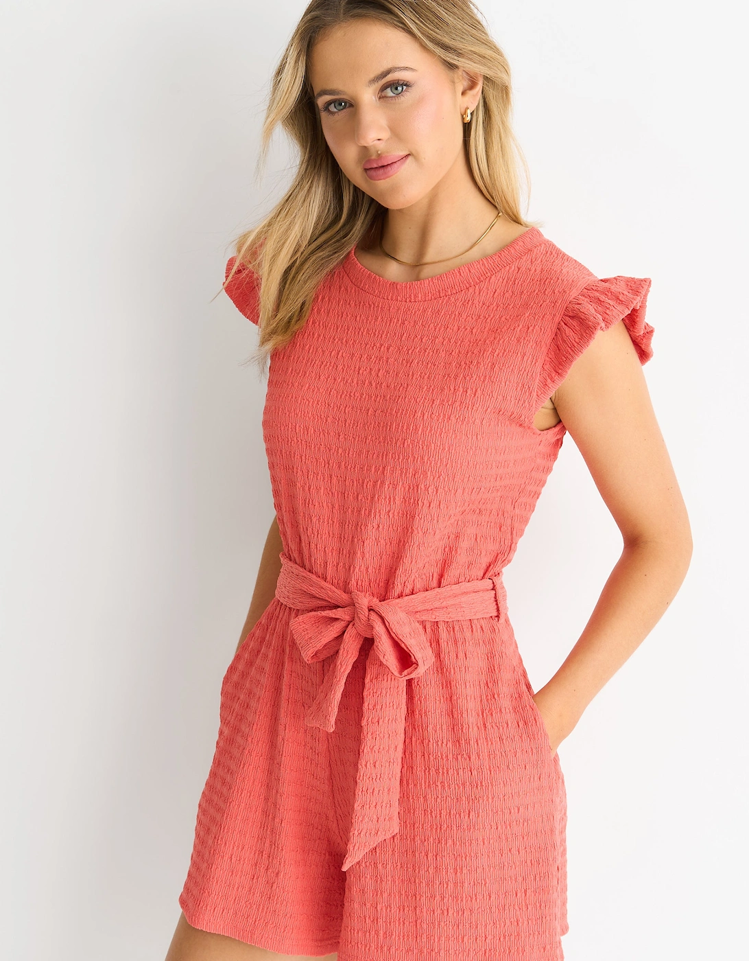 Coral Stretch Texture Frill Elasticated Waist Playsuit