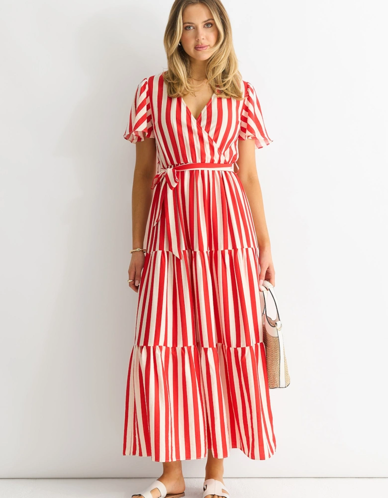 Red Stripe Wrap Belted Viscose Midi Dress