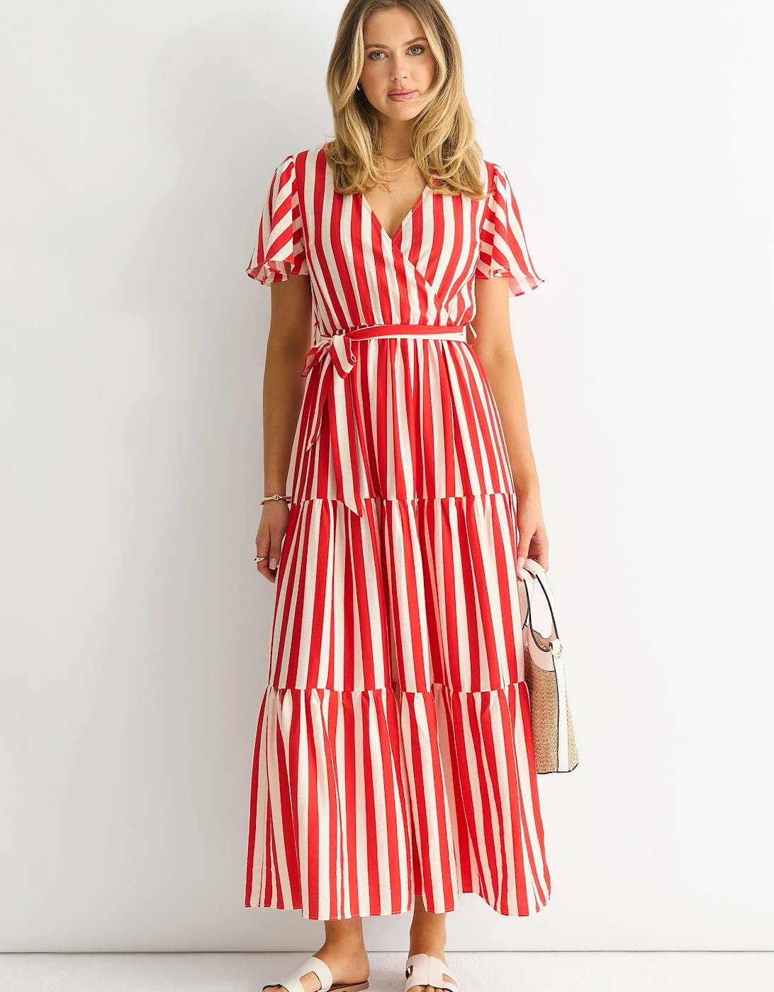Gini London Gini London Women's Red Stripe Wrap Belted Viscose Midi Dress