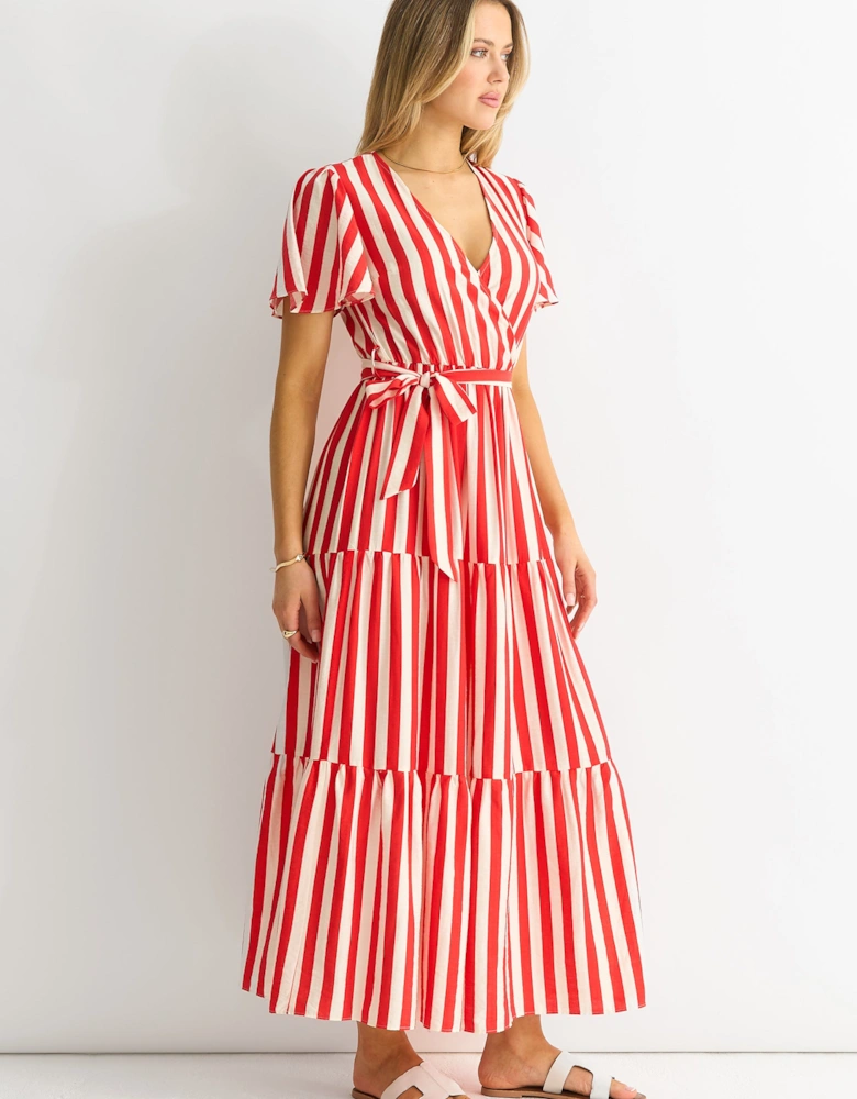 Red Stripe Wrap Belted Viscose Midi Dress